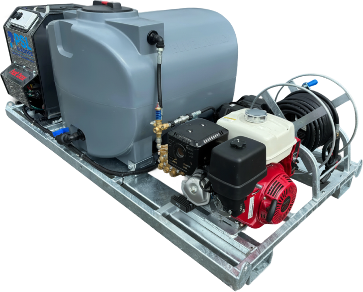 Commercial hot water pressure washer with stainless steel housing.