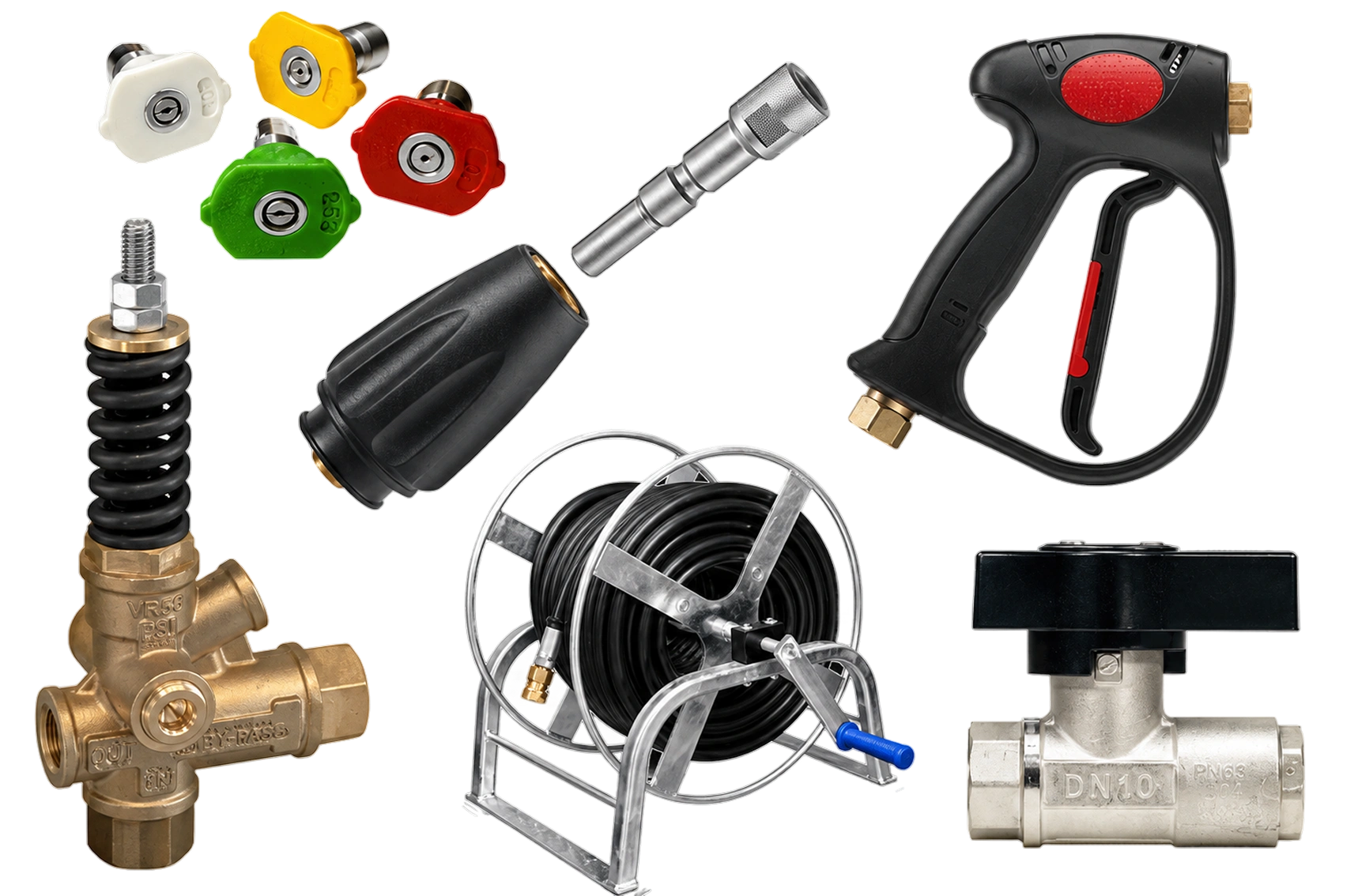 Pressure washer nozzles, gun, and hose reel.