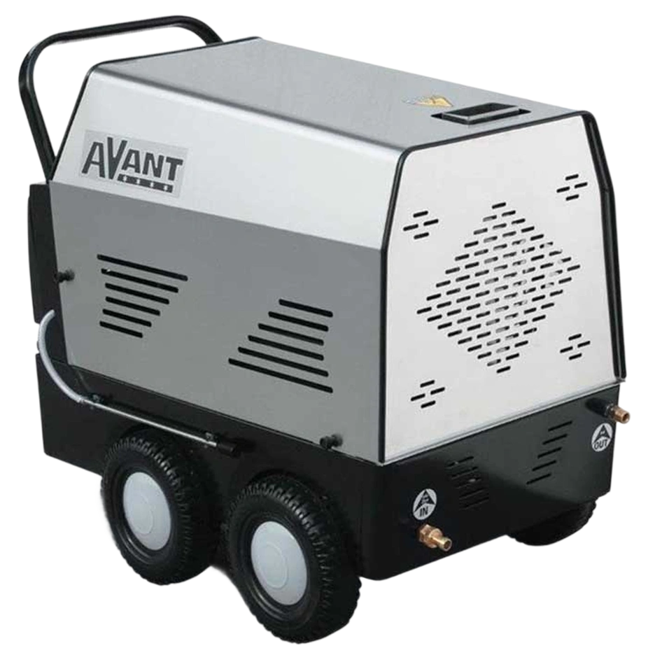 Commercial hot water pressure washer with stainless steel housing.